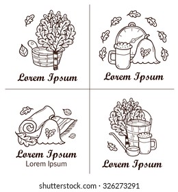 Relaxation, health care or treatment concept for your design with hand drawn sauna icons: broom, towel, hat, wisp, beer, steam
