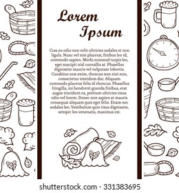 Relaxation, health care or treatment concept for your design with seamless sauna background in hand drawn style: broom, towel, hat, wisp, beer, steam