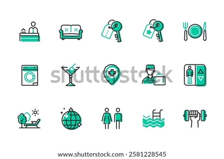 Relaxation at the hotel - set of line design style icons