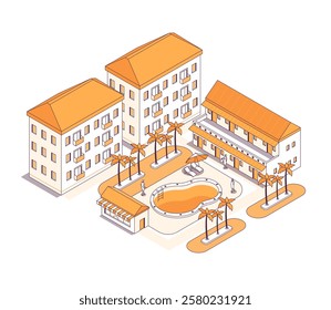 Relaxation in a hotel with a swimming pool - vector isometric illustration