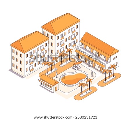Relaxation in a hotel with a swimming pool - vector isometric illustration