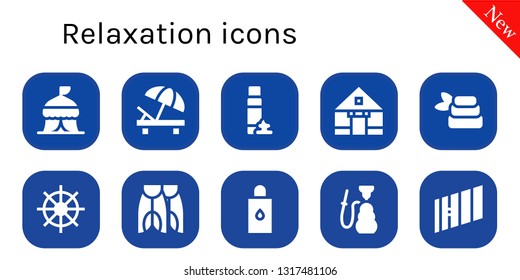 relaxation icon set. 10 filled relaxation icons.  Simple modern icons about  - Tent, Sunbed, Foam, Zen, Buddhism, Flippers, Body oil, Hookah, Sony