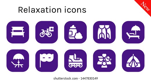 relaxation icon set. 10 filled relaxation icons.  Simple modern icons about  - Bench, Bicycle, Foam, Flippers, Sunbed, Deck, Eye mask, Roller skate, Wellness, Tent