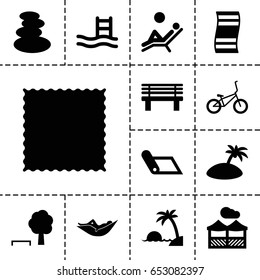 Relaxation icon. set of 13 filled relaxation icons such as spa stones, woman in hammock, carpet, bench, pergola, bicycle, man laying in the sun, island, pool ladder