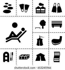 Relaxation icon. set of 13 filled relaxationicons such as garden bench, tent, pergola, golf stick, flippers, man laying in the sun, spa stone, inflatable boat, tree and bench