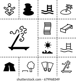 Relaxation icon. set of 13 filled and outline relaxation icons such as tent, spa stones, aroma stick, man laying in sun, garden bench, island, pool ladder, tree and bench