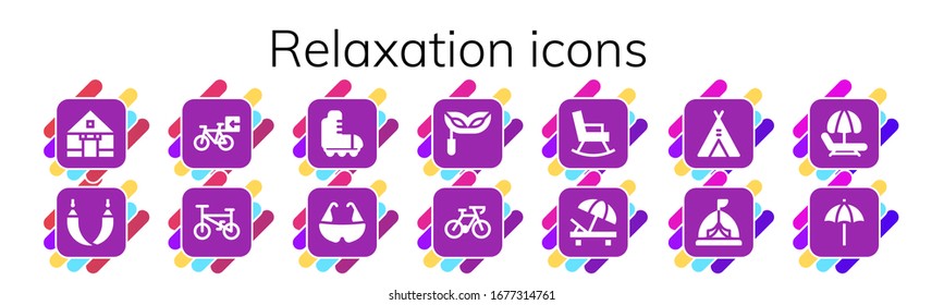 relaxation icon set. 14 filled relaxation icons. Included Tent, Hammock, Bicycle, Roller skate, Eye mask, Rocking chair, Sunbed, Beach umbrella icons