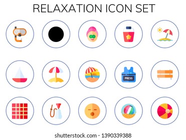 relaxation icon set. 15 flat relaxation icons.  Simple modern icons about  - snorkel, sailboat, beach ball, sun umbrella, spa, sand bucket, press vest, bench, mat, hookah, sleep
