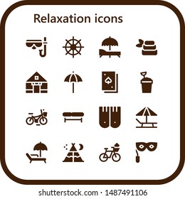 relaxation icon set. 16 filled relaxation icons.  Simple modern icons about  - Diving mask, Buddhism, Sunbed, Zen, Tent, Beach umbrella, Deck, Sand bucket, Bicycle, Bench, Flippers