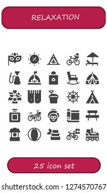  relaxation icon set. 25 filled relaxation icons. Simple modern icons about  - Eye mask, Summer, Tent, Bicycle, Sunbed, Hookah, Body oil, Rocking chair, Wellness, Flippers, Sand bucket