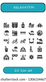 relaxation icon set. 25 filled relaxation icons.  Collection Of - Roller skate, Flippers, Body oil, Yoga, Tent, Deck, Carpet, Bench, Sunbed, Beach ball, Diving mask, Bicycle, Hammock