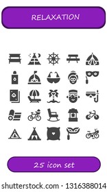 relaxation icon set. 25 filled relaxation icons.  Simple modern icons about  - Bench, Tent, Buddhism, Body oil, Bicycle, Spa, Eye mask, Deck, Hammock, Coconut tree, Concierge