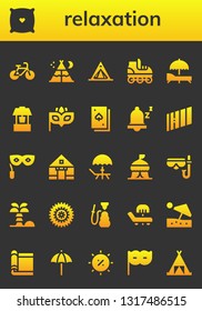 relaxation icon set. 26 filled relaxation icons.  Collection Of - Bicycle, Pillow, Tent, Roller skate, Sunbed, Well, Eye mask, Deck, Snooze, Sony, Diving mask, Coconut tree, Hookah