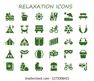  relaxation icon set. 30 filled relaxation icons. Simple modern icons about  - Roller skate, Sand bucket, Buddhism, Flippers, Beach umbrella, Bench, Tent, Hammock, Bicycle, Wellness