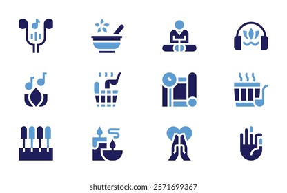 Relaxation icon set. Bold style. Duotone colors. music, relaxing, meditate, acupuncture, spa, meditation, headphones, candles, sauna, yogamat, mudra.