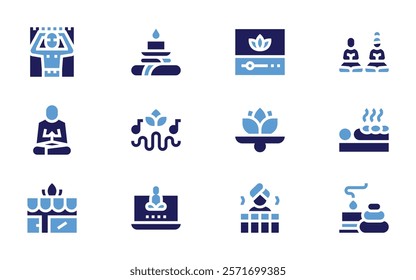 Relaxation icon set. Bold style. Duotone colors. meditationsounds, balance, massage, relaxation, spa, meditation, sauna, sunbathing, laptop, video.