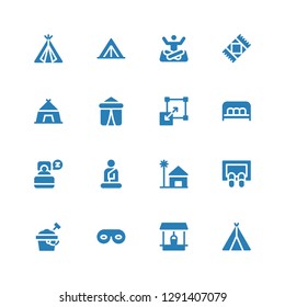 relaxation icon set. Collection of 16 filled relaxation icons included Tent, Well, Eye mask, Sand bucket, Doormat, Beach house, Buddha, Sleep, Bench, Stretching, Rug, Yoga