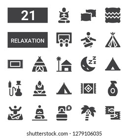 relaxation icon set. Collection of 21 filled relaxation icons included Rug, Coconut tree, Sleep, Meditation, Yoga, Lotion, Carpet, Tent, Buddha, Hookah, Beach house, Doormat, Pillow