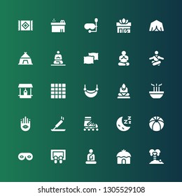 relaxation icon set. Collection of 25 filled relaxation icons included Coconut tree, Tent, Buddha, Doormat, Eye mask, Beach ball, Sleep, Roller skate, Incense, Buddhism, Hammock