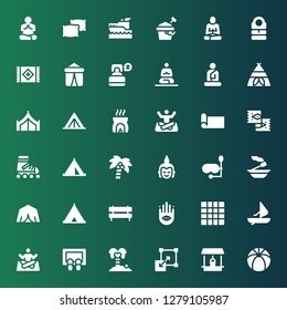 relaxation icon set. Collection of 36 filled relaxation icons included Beach ball, Well, Stretching, Coconut tree, Doormat, Yoga, Windsurf, Mat, Buddhism, Bench, Tent, Incense