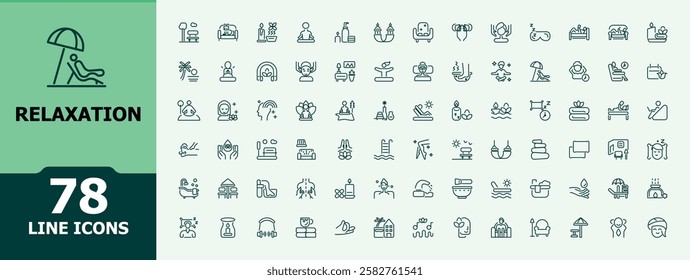 Relaxation icon set. Includes icons for hot, therapy, eat, life, health and more. Iconic symbol. Minimal vector icons editable stroke.