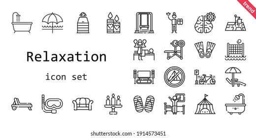 relaxation icon set. line icon style. relaxation related icons such as tent, mind, sofa, bicycle, bench, volley, snorkel, flippers, sun umbrella, wake up, candles, deck chair, bathtub, swing, sunbed