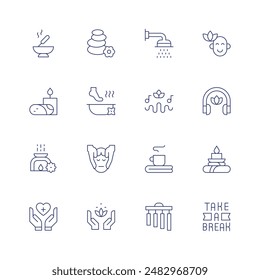 Relaxation icon set. Thin line icon. Editable stroke. Containing aromatherapy, footspa, incense, massage, meditationsounds, shower, spa, towel, zen.