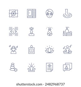 Relaxation icon set. Thin line icon. Editable stroke. Containing asmr, candle, harmony, listen, mask, meditation, mikado, poster, pillow, sauna, spa, spiritual.