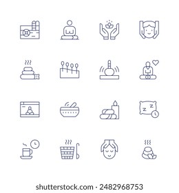 Relaxation icon set. Thin line icon. Editable stroke. Containing acupuncture, hotstone, meditation, massage, pool, stone, tibetanbowl, virtualclass, yoga.