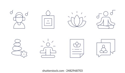 Relaxation icons. Editable stroke. Containing candle, chat, listen, meditation, poster, relax, spa, spiritual.