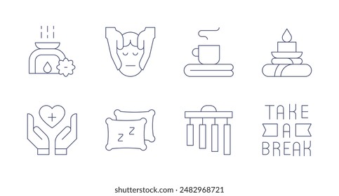 Relaxation icons. Editable stroke. Containing aromatherapy, chime, health, massage, relaxation, sleep, takeabreak, towel.