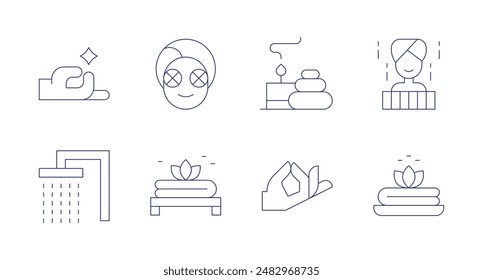 Relaxation icons. Editable stroke. Containing hottub, mask, meditation, shower, spa.