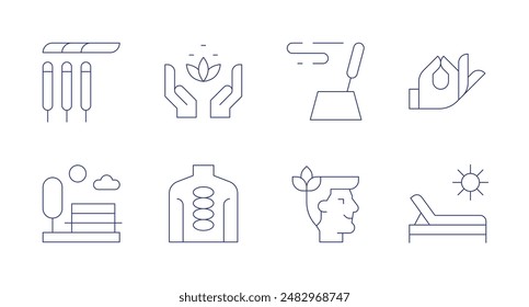 Relaxation icons. Editable stroke. Containing calm, healthy, hotstones, incense, mudra, nature, sunbed.