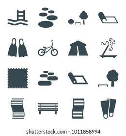 Relaxation icons. set of 16 editable filled relaxation icons such as tent, aroma stick, spa stone, pool ladder, tree and bench, carpet, fitness carpet, bicycle, flippers