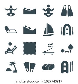 Relaxation icons. set of 16 editable filled relaxation icons such as spa stone, carpet, flippers, inflatable boat, yoga, man laying in the sun, island, garden bench