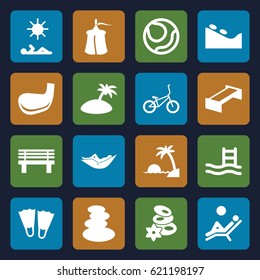 Relaxation icons set. set of 16 relaxation filled icons such as garden bench, spa stones, woman in hammock, spa stone, bench, bicycle, golf stick, man laying in sun