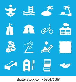 Relaxation icons set. set of 16 relaxation filled icons such as garden bench, tent, woman in hammock, spa stones, aroma stick, carpet, pergola, bicycle, man laying in the sun