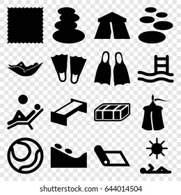 Relaxation icons set. set of 16 relaxation filled icons such as garden bench, tent, spa stones, woman in hammock, spa stone, carpet, flippers, man laying in sun