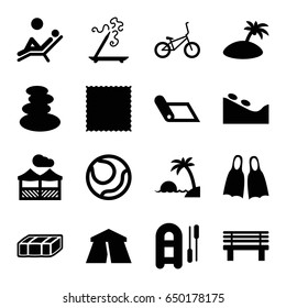 Relaxation icons set. set of 16 relaxation filled icons such as garden bench, tent, spa stones, spa stone, aroma stick, carpet, bench, pergola, bicycle, flippers