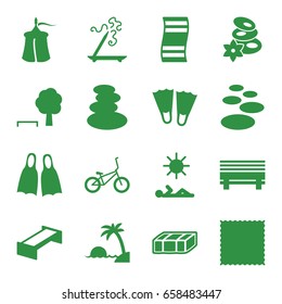 Relaxation icons set. set of 16 relaxation filled icons such as garden bench, spa stones, aroma stick, carpet, bicycle, flippers, man laying in sun, island, tent, spa stone