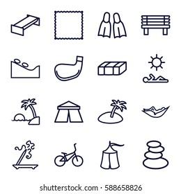 relaxation icons set. Set of 16 relaxation outline icons such as garden bench, tent, spa stones, woman in hammock, spa stone, aroma stick, carpet, bench, flippers