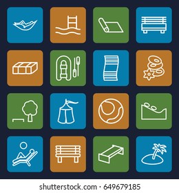 Relaxation icons set. set of 16 relaxation outline icons such as garden bench, woman in hammock, spa stone, spa stones, bench, man laying in the sun, island, tent