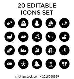 Relaxation icons. set of 20 editable filled relaxation icons such as garden bench, spa stones, spa stone, flippers. best quality relaxation elements in trendy style.