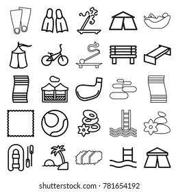 Relaxation icons. set of 25 editable outline relaxation icons such as garden bench, tent, spa stones, aroma stick, carpet, inflatable boat, pool ladder, volleyball