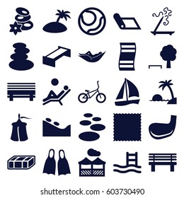 Relaxation icons set. set of 25 relaxation filled icons such as garden bench, spa stones, woman in hammock, spa stone, aroma stick, carpet, bench, pergola, bicycle, golf stick
