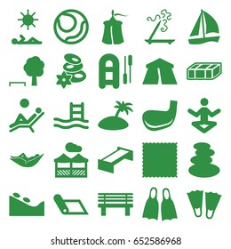 Relaxation icons set. set of 25 relaxation filled icons such as garden bench, tent, spa stones, woman in hammock, spa stone, aroma stick, carpet, bench, pergola, golf stick