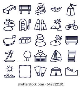 Relaxation icons set. set of 25 relaxation outline icons such as garden bench, tent, spa stones, woman in hammock, spa stone, aroma stick, carpet, bench, pergola, flippers