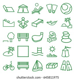 Relaxation icons set. set of 25 relaxation outline icons such as garden bench, tent, spa stones, woman in hammock, spa stone, carpet, bench, flippers, man laying in sun