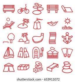 Relaxation icons set. set of 25 relaxation outline icons such as garden bench, tent, spa stones, woman in hammock, bench, pergola, flippers, man laying in sun