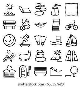 Relaxation icons set. set of 25 relaxation outline icons such as spa stones, woman in hammock, spa stone, aroma stick, carpet, bench, pergola, flippers, man laying in sun